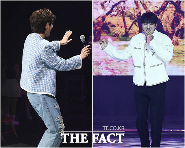 가수 김희재(왼쪽)가 7일 오후 서울 마포구 SBS프리즘타워에서 열린 더트롯쇼에 참석해 황윤성(오른쪽)의 꽃바람 무대를 관람하고 있다. /서예원 기자
