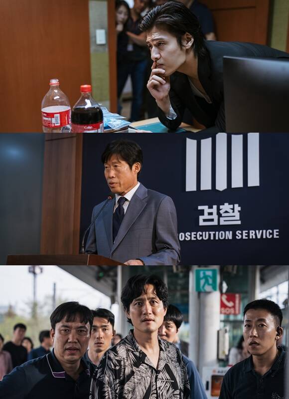 강하늘(위쪽부터)은 마약판을 설계하는 브로커 이강수 역을, 유해진은 더 높은 곳에 오르려는 검사 구관희 역을, 박해준은 마약수사대 형사 오상재 역을 맡아 삼각 대립 구도를 형성하며 극을 이끈다. /플러스엠 엔터테인먼트