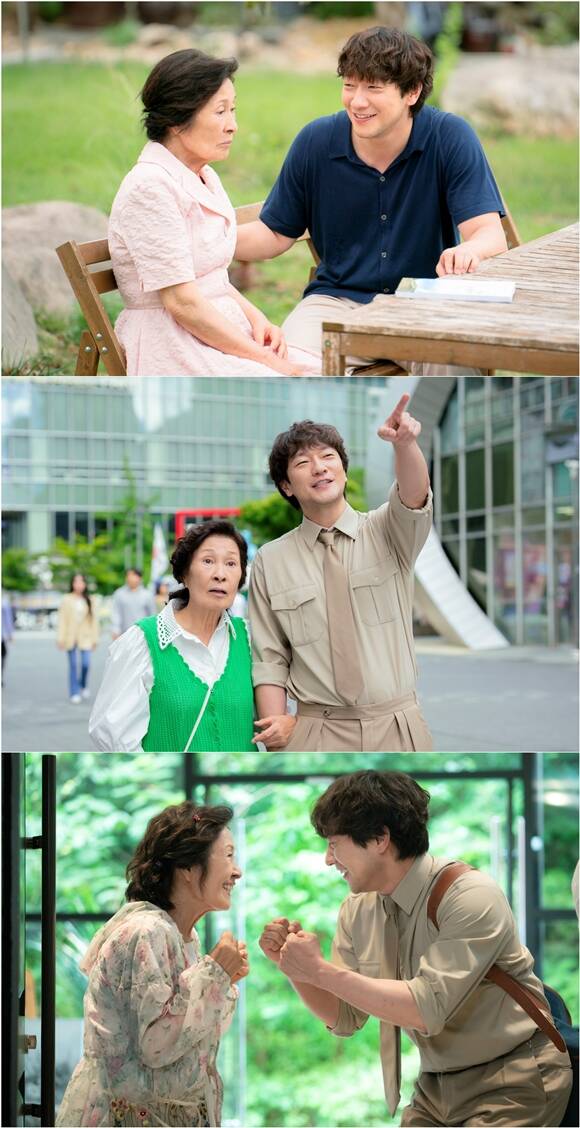 JTBC 새 토일드라마 천국보다 아름다운에 출연하는 배우 김혜자(왼쪽)와 손석구의 스틸이 공개됐다. /스튜디오 피닉스·SLL