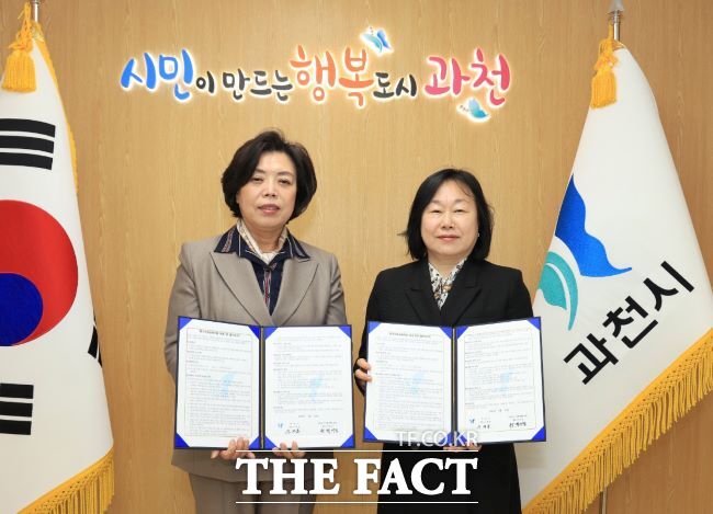 ‘재가 의료급여 사업’ 업무협약을 체결한 신계용 시장(왼쪽)과 박성남 사랑나비 사회적협동조합 이사 /과천시