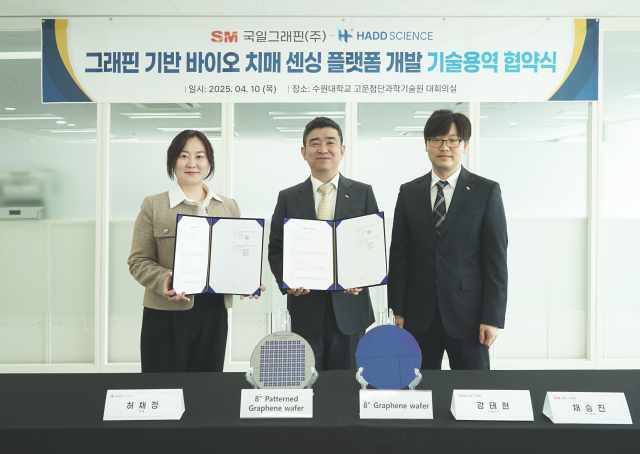 국일그래핀 강태현 대표(가운데)와 채승진 상무(오른쪽)가 지난 10일 경기 화성시 수원대학교 고운첨단과학기술원에서 하드사이언스 허채정 대표와 기술용역 계약을 체결한 뒤 기념촬영을 하고 있다. /SM그룹