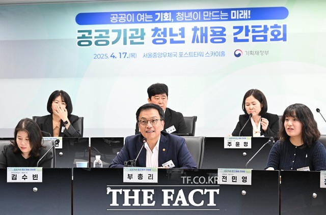 17일 서울 중구 서울중앙우체국 포스트타워에서 열린 공공기관 청년 채용 간담회에서 최상목 부총리 겸 기획재정부 장관이 발언하고 있다. /뉴시스