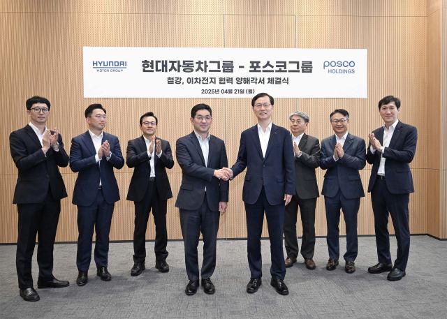 현대자동차그룹과 포스코그룹이 21일 현대차 강남대로 사옥에서 철강 및 이차전지 분야의 상호 협력을 위한 업무협약을 체결했다. (왼쪽부터) 현대자동차그룹 김현식 소재사업전략실장, 배성환 사업기획실장, 편광현 사업지원1실장, 기획조정본부장 한석원 부사장, 포스코홀딩스 미래전략본부장 이주태 사장, 이성원 에너지소재투자실장, 이원철 철강사업관리실장, 경영전략실 조표훈 상무보. /포스코홀딩스