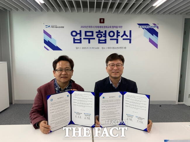 김재훈(왼쪽) 경기도평생교육진흥원 경기미래교육 파주캠퍼스 본부장과 박종훈 파주시청소년수련장이 22일 파주시청소년관수련관 3층에서 업무협약을 맺은 뒤 기념사진을 촬영하고 있다./경기도평생교육진흥원