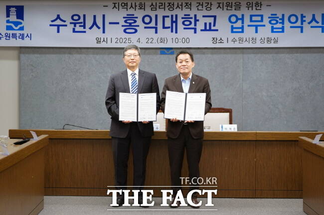 이재준 수원시장과 박상주 홍익대 총장이 22일 수원시청 상황실에서 SUMA 웰니스-마인딩을 위한 업무협약을 맺은 뒤 기념 촬영을 하고 있다./수원시