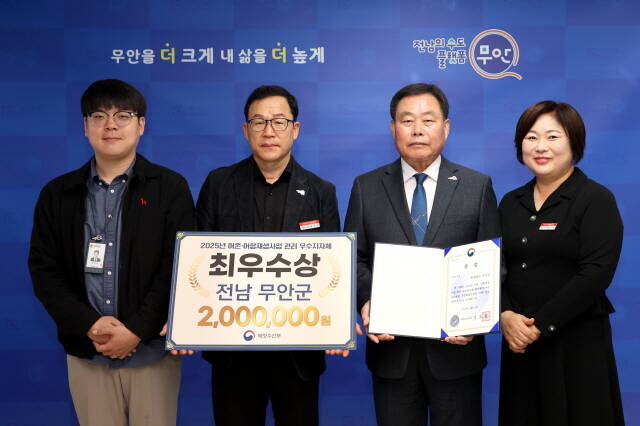 무안군 관계자들이 어촌·어항재생사업 관리 우수지자체 평가에서 최우수상을 수상한 뒤 기념 촬영을 하고 있다. /무안군