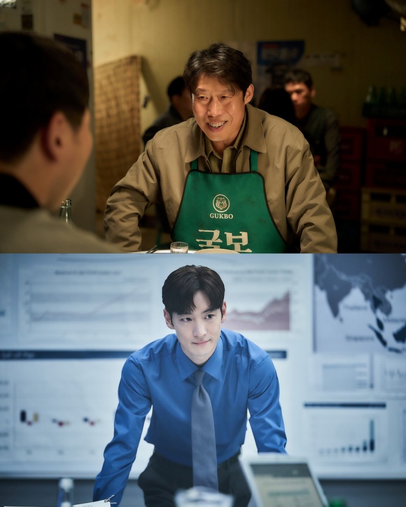 영화 소주전쟁에서 유해진(상단)은 국보그룹 재무이사 표종록 역을, 이제훈은 글로벌 투자사 솔퀸의 직원 최인범 역으로 분한다. /(주)쇼박스