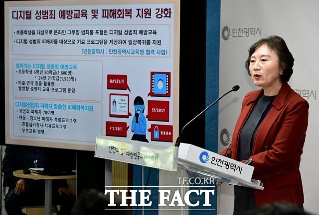 시현정 여성가족국장이 24일 시청 브리핑룸에서 여성가족국 소관 현안과 관련해 기자브리핑을 하고 있다. /인천시