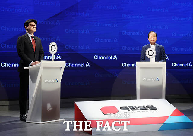 국민의힘 대선 2차 경선 진출자인 한동훈(왼쪽), 홍준표 후보가 25일 오후 서울 종로구 동아미디어센터 채널A 오픈스튜디오에서 열린 국민의힘 2차 경선 맞수 토론회에 참석해 방송 시작을 기다리고 있다. /국회사진취재단