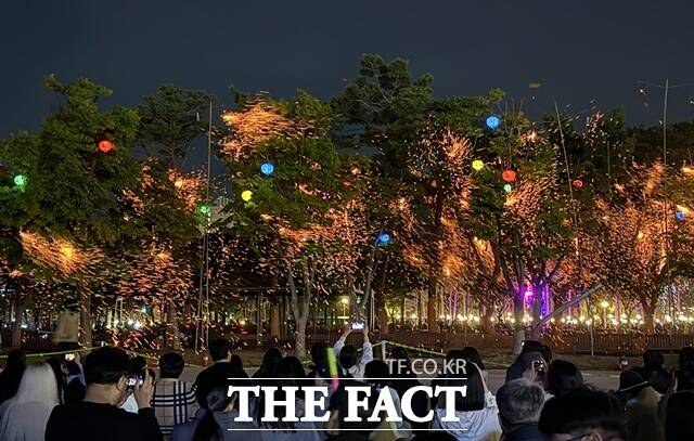 세종시가 26일 세종중앙·호수공원 일원에서 열린 2025 세종낙화축제에 많은 시민들이 참여해 구경을 하고 있다. /김형중 기자