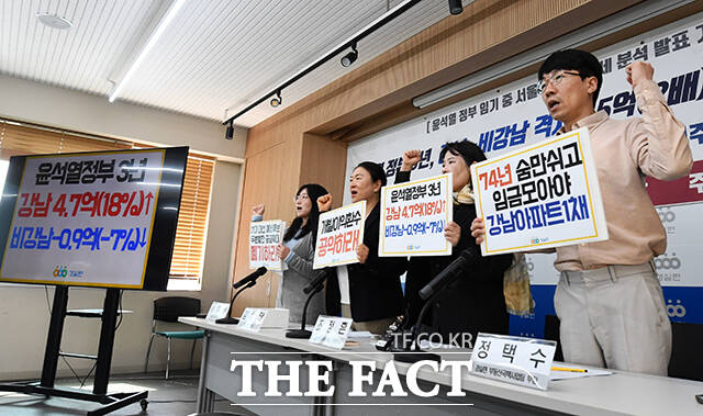 경제정의실천시민연합(경실련)은 28일 서울 종로구 경실련 강당에서 기자회견을 열고 윤석열 정부 3년 동안 서울 아파트 값이 2% 떨어졌고 강남 아파트 시세는 18% 올라갔다며 이러한 결과는 정부 정책과 연결돼 있다고 밝혔다. 서휘원 경제정의실천시민연합 정치입법팀장과 김성달 경실련 사무총장, 조정흔 토지주택위원장, 정택수 정실련 부동산국책사업팀 부장(왼쪽부터)이 기자회견에서 손피켓을 들어보이며 구호를 외치고 있다. /서예원 기자