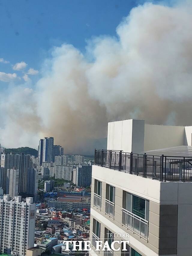 28일 대구 북구 함지산 산불은 대구 도심에서도 뚜렷이 목격될 정도로 규모가 크다. /정창구 기자