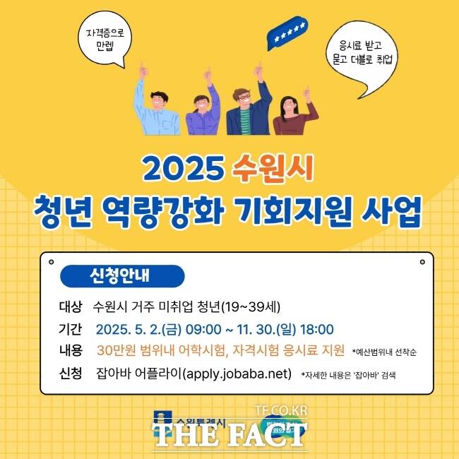 수원시 미취업 청년 어학·자격시험 응시료 최대 30만 원 지원 홍보물./수원시