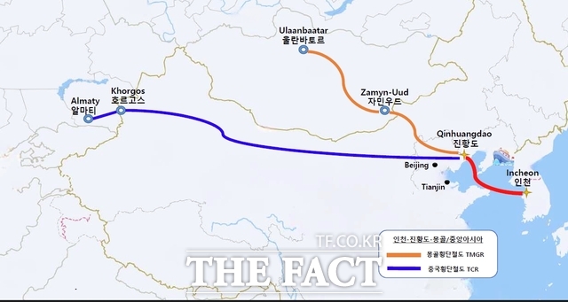 몽골횡단철도(TMGR) 및 중국횡단철도(TCR) 기반 인천항~친황다오~몽골･중앙아시아 물류 흐름도/인천항만공사