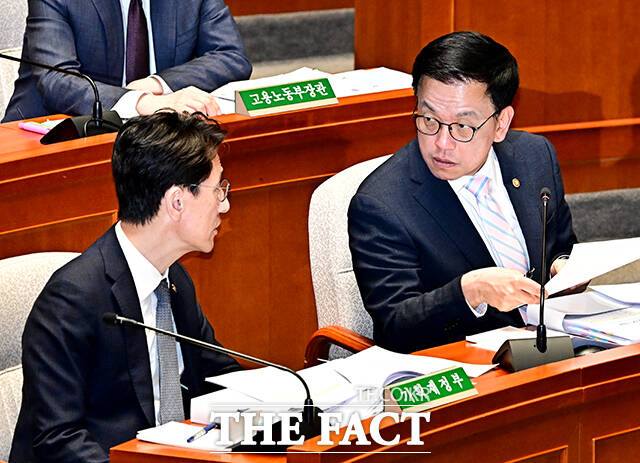 김윤상 기획재정부 제2차관(왼쪽)과 대화하는 최상목 경제부총리 겸 기획재정부 장관.