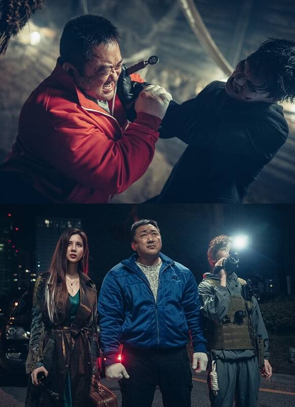 마동석은 바위 같은 힘과 주먹으로 악마를 사냥하는 바우 역을 맡아 열연을 펼쳤다. /롯데엔터테인먼트