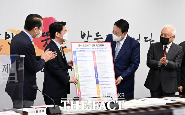 윤석열 대통령 당선인이 2022년 5월 3일 오전 서울 종로구 삼청동 인수위원회 대회의실에서 열린 제8차 인수위원회 전체회의에서 안철수 인수위원장으로부터 110대 국정과제를 전달받고 있다. /뉴시스