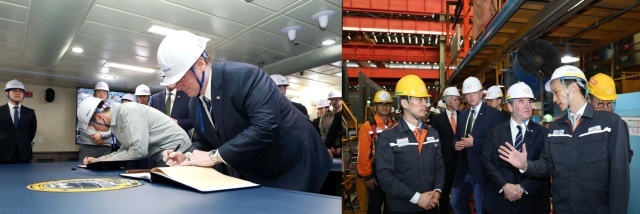 (왼쪽 사진부터)필린 장관이 HD현대중공업 최신예 이지스 구축함 정조대왕함에 승선해 방명록에 서명하고 있는 모습·김동관 한화그룹 부회장(오른쪽 첫 번째)이 필린 장관(오른쪽 두 번째)에게 선박 블록 조립공장을 소개하는 모습. /각 HD현대·한화