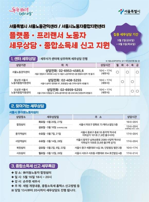 서울시가 플랫폼·프리랜서 노동자를 대상으로 종합소득세 신고 지원 및 세무상담을 진행한다. /서울시