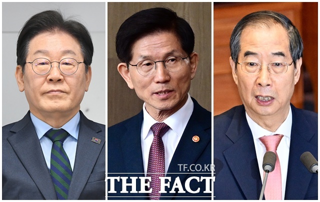 국민의힘 후보가 결정되면서 한 달 앞으로 다가온 대선 대진표가 윤곽을 드러냈다. 사진은 이재명(왼쪽부터) 더불어민주당 대선 후보, 김문수 국민의힘 대선 후보, 한덕수 무소속 예비후보. /임영무·배정한·장윤석 기자