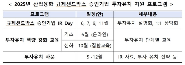 한국산업기술진흥원(KIAT)은 16일까지 산업융합 규제샌드박스 승인기업을 대상으로 2025년 투자유치 지원 프로그램 수요조사를 벌인다. 2025년 산업융합 규제샌드박스 승인기업 투자유치 지원 프로그램 수요조사 일정. /KIAT