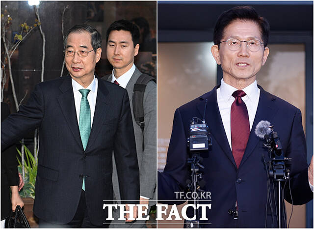 한덕수 무소속 대선 예비후보(왼쪽)와 김문수 국민의힘 대선후보가 지난 7일 오후 서울 종로구의 한 식당에서 김문수 국민의힘 대선 후보와의 단일화 관련 회동을 마친 후 식당에서 나오고 있다. /박헌우 기자