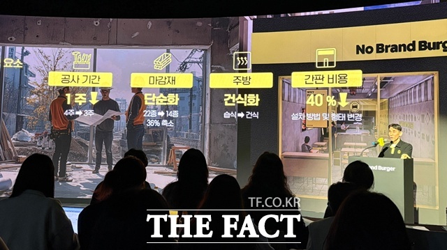 김규식 노브랜드 버거 프랜차이즈 담당(오른쪽)은 공사기간 단축, 마감재 단순화, 주방 건식화, 간판 비용 등을 통해 콤팩트 매장의 비용을 낮췄다고 말했다. /문화영 기자