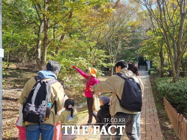 성남시 환경교육 강사가 판교생태공원에서 가족 단위 참여객에게 나무와 열매에 관해 설명하고 있다. /성남시