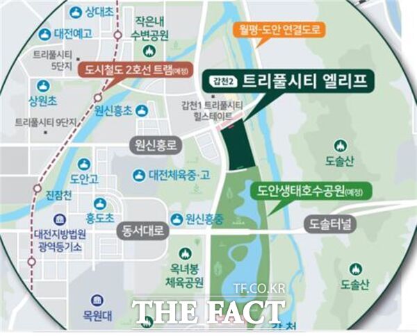 대전도시공사가 ‘갑천2 트리풀시티 엘리프’ 아파트 내 상가 11호실을 오는 14일 일반 분양할 계획이다. 사진은 아파트 상가 위치도./대전도시공사