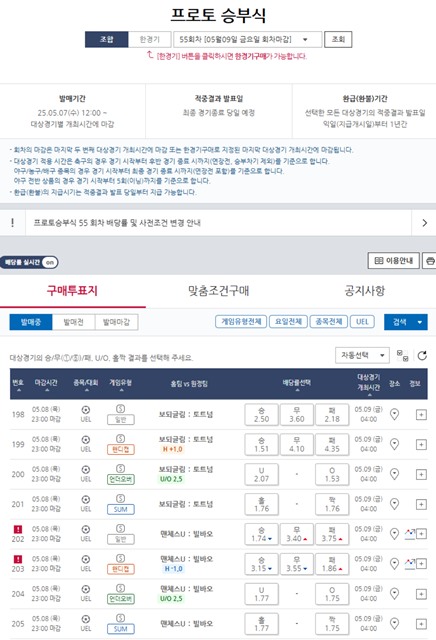 프로토 승부식 55회차 대상 경기.
