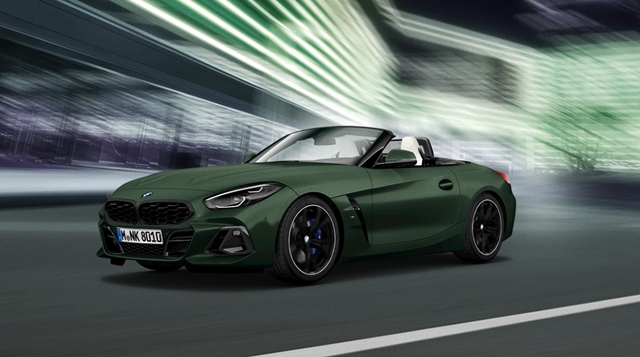 BMW Z4 M40i 기반의 프로즌 딥 그린 에디션은 무광 딥 그린 컬러와 블랙 휠, 파란색 브레이크 캘리퍼 등으로 스포티한 감각을 강조한다. 가격은 1억200만원, 판매 대수는 10대다. BMW Z4 M40i 프로즌 딥 그린 에디션. /BMW코리아