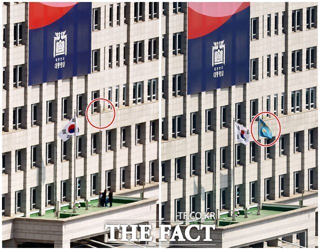 지난달 4일 윤석열 대통령에 대한 헌법재판소의 파면 선고가 내려지기 전 용산 대통령실에 봉황기가 게양된 모습(오른쪽)과 선고 이후 봉황기가 내려지는 모습. /사진공동취재단