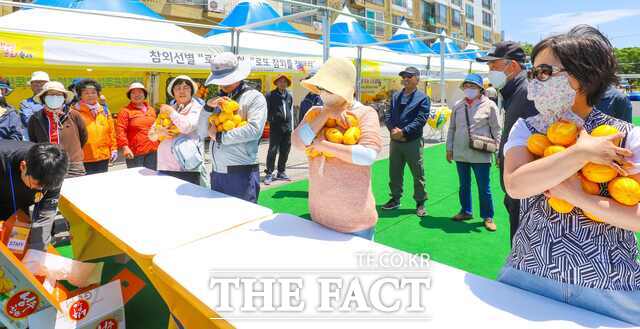 지난해 열린 축제장에 마련된 참외라운지에 관관객들이 몰려와 참외의 생산과 유통 과정을 게임으로 체험하고 있다. /성주군