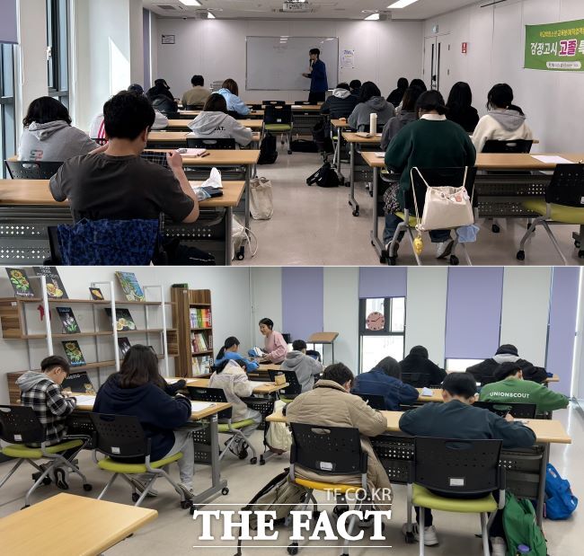 부천시학교밖청소년지원센터 검정고시 고등학교 특강반(위)과 초등학교 실전모의고사반 수업 모습. /부천시