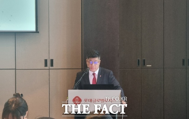 강병우 롯데글로벌로지스 대표이사가 지난 4월 21일 서울 여의도 콘래드 서울에서 열린 IPO 기자간담회에서 상장 후 계획에 대해 설명하고 있다. /이한림 기자