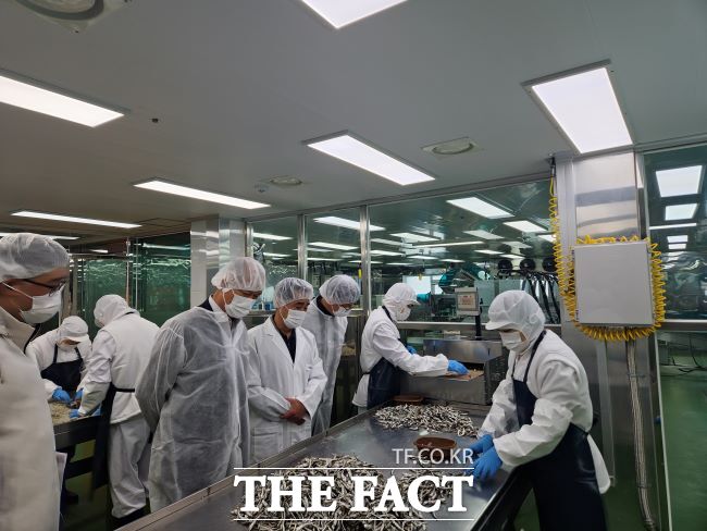 경기도농수산진흥원 관계자들이 12일 학교급식 수산물 우수 공급업체를 찾아 위생관리 체계 등을 살피고 있다./경기도농수산진흥원