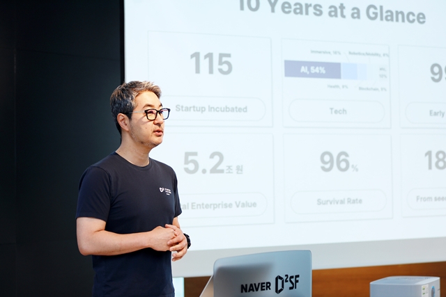 양상환 네이버 D2SF 센터장이 13일 서울 서초구 사옥에서 열린 기자간담회에서 D2SF 주요 성과를 설명하고 있다. /네이버 D2SF