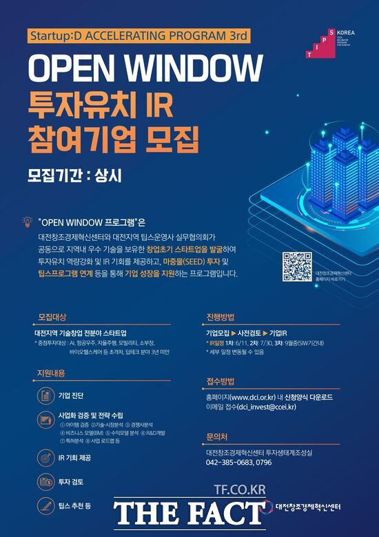 대전창조경제혁신센터가 유망 기술 창업기업의 초기투자 유치와 성장을 지원하기 위한 Startup:D Open Window 프로그램 참가기업을 상시 모집한다. 모집 공고 포스터 /대전창조경제혁신센터