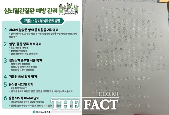 경기 의정부시가 전국 최초로 시각장애인을 위해 제작, 배포한 점자 영양 교육자료인 손끝으로 읽는 점자 영양 교육자료의 모습(오른쪽)./의정부시