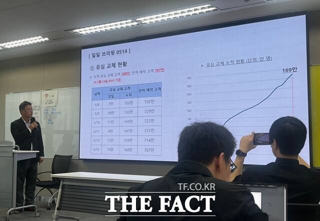 김희섭 SK텔레콤 PR센터장이 14일 오전 서울 중구 삼화빌딩에서 열린 일일브리핑에서 유심 교체 관련 현황을 설명하고 있다. /조소현 기자