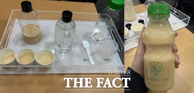 프로바이오틱스 클래스에서는 직접 야쿠르트를 만들 수 있다. 오른쪽은 기자가 직접 만든 야쿠르트XO다. /문화영 기자