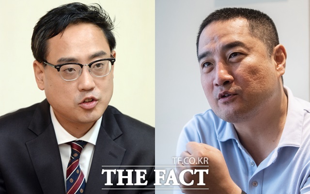 변희재(사진 왼쪽) 등 기자회견에서 거론된 다른 인물들도 김수현이나 회사 측과 접촉한 사실이 없다고 반박했다. 강용석(오른쪽)은 공개된 통화내용은 AI 등으로 조작된 것으로 보인다고 말했다. /더팩트 DB