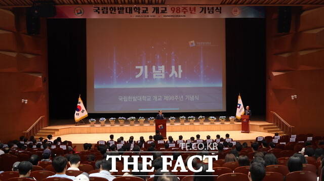 19일 교내 아트홀서 열린 국립한밭대 개교 98주년 기념식에서 오용준 총장이 기념사를 하고 있다. /한밭대