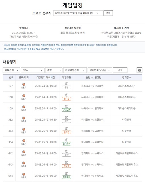 프로토 승부식 62회차 NBA 플레이오프 컨퍼런스 결승 대상 경기 및 게임 정보.