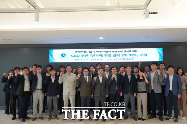 경기주택도시공사 임직원들이 22일 진행한 반부패 추진전략 회의에서 청렴문화 실천을 다짐하고 있다./경기주택도시공사