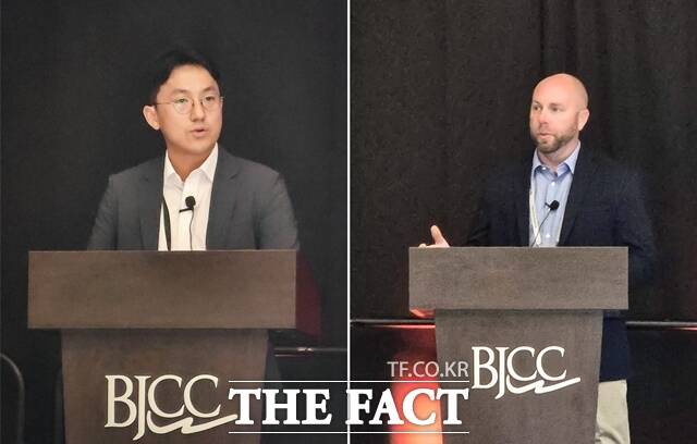 지난 20일(현지시각) 미국 앨라배마 주(州) 버밍햄에서 열린 7F Users Group Conference에서 한국남부발전과 두산에너빌리티가 사용자-공급자 공동 발표를 진행하고 있다. /두산에너빌리티