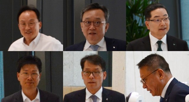 (왼쪽 위부터 시계방향으로) 이환주 KB국민은행장, 정상혁 신한은행장, 이호성 하나은행장, 정진영 우리은행장, 강태영 NH농협은행장, 김성태 IBK기업은행장이 26일 한국은행 본관에서 열린 이창용 한은 총재 주재 6개 은행 간담회에 참석하고 있다. /김태환 기자