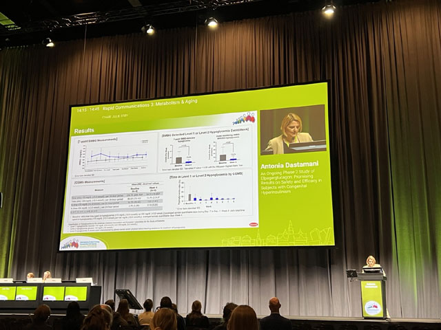 안토니아 다스타마니 박사가 지난 11일 덴마크 코펜하겐에서 열린 유럽소아내분비학회(ESPE) 및 유럽내분비학회(ESE) 공동 학술대회에서 에페거글루카곤에 대한 임상 2상 중간 분석 결과를 발표하고 있다. /한미약품