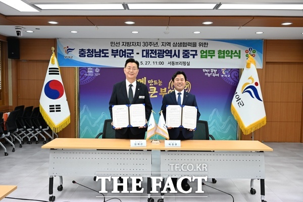 대전 중구와 충남 부여군이 27일 지역 상생 협력을 위한 업무협약을 체결했다. 왼쪽부터 김제선 대전 중구청장, 박정현 충남 부여군수./대전 중구