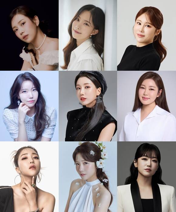 가수 강예슬 김나희 김소유 송가인 정미애 정다경 숙행 김희진 두리(왼쪽 위부터 시계방향)가 오는 7월 12일 서울 강서구 KBS 아레나에서 진행되는 콘서트 첫정에 참여한다. /각 소속사